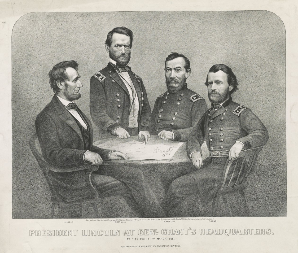 President Lincoln bij het hoofdkwartier van Genl. Grant, ca. 1865 (lithografie) door Currier and Ives
