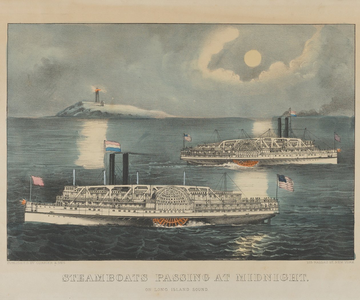 Stoomschepen passeren om middernacht op Long Island Sound door Currier and Ives