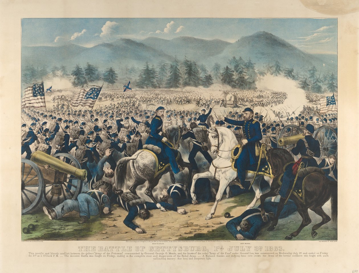 De Slag bij Gettysburg, Pa., 3 juli door Currier and Ives