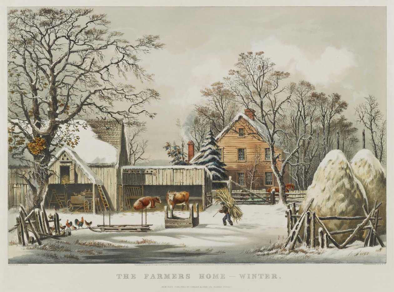Het Boerenhuis - Winter door Currier and Ives