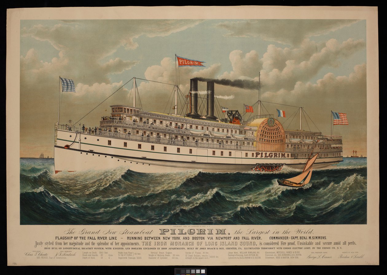 De grote nieuwe stoomboot Pilgrim, de grootste ter wereld. Vlaggenschip van de Fall River Line - tussen New York en Boston via Newport en Fall River door N. and Ives J.M. (1824 95) Currier