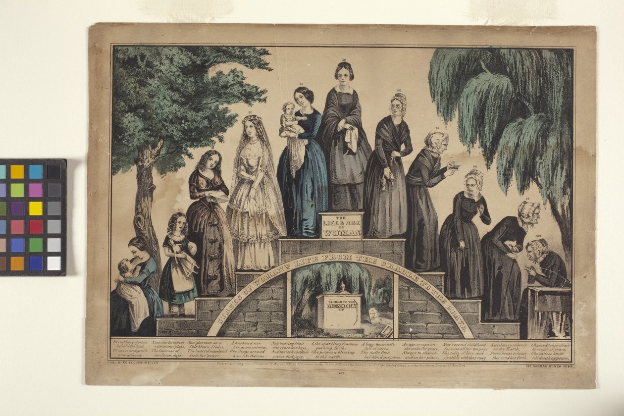 Het Leven en de Leeftijd van de Vrouw / Stadia van het Leven van de Vrouw van de Wieg tot het Graf door N. and Ives J.M. (1824 95) Currier