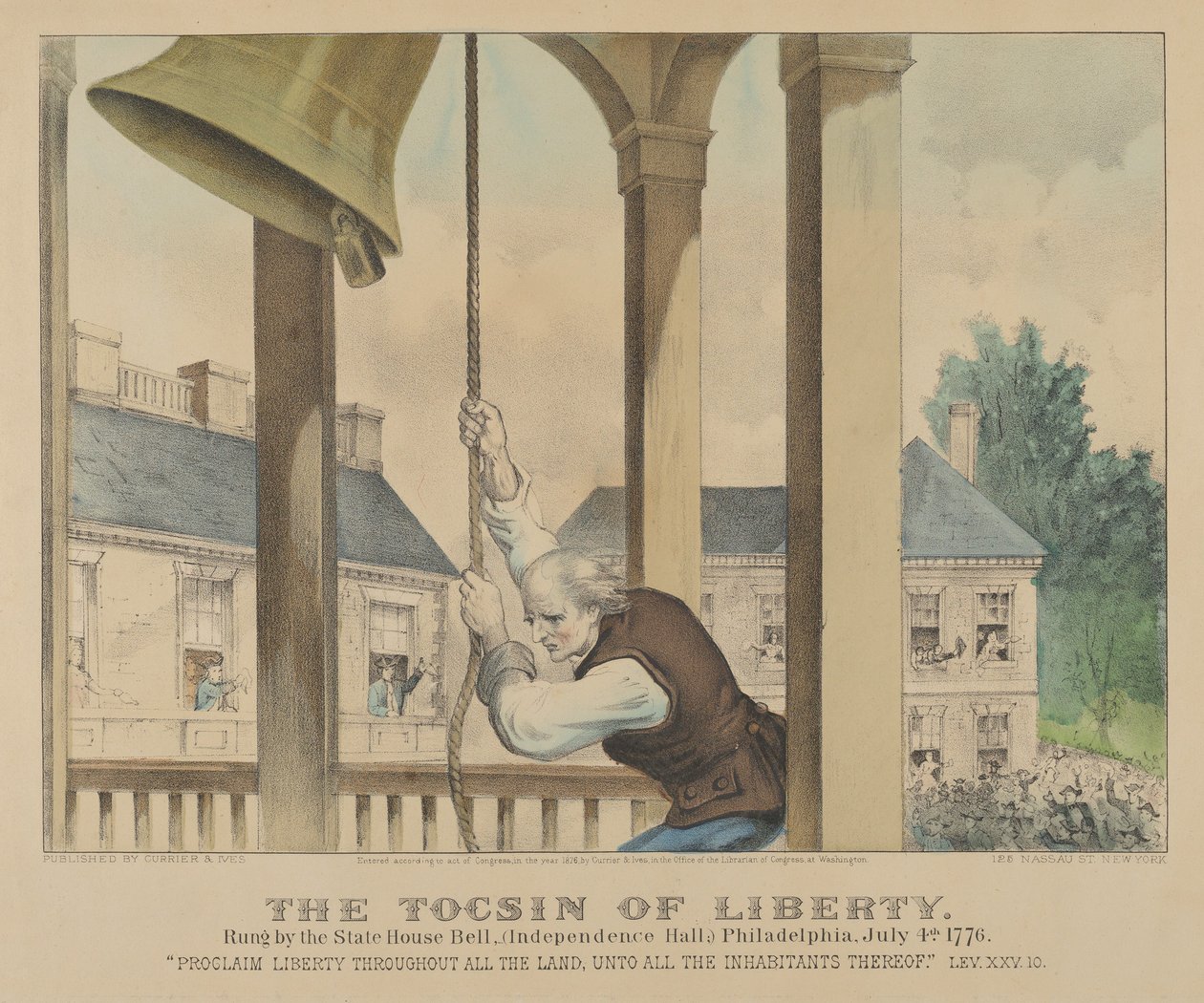 De Vrijheidsklok geluid door de State House Bell, Philadelphia op 4 juli 1776 door Currier and Ives