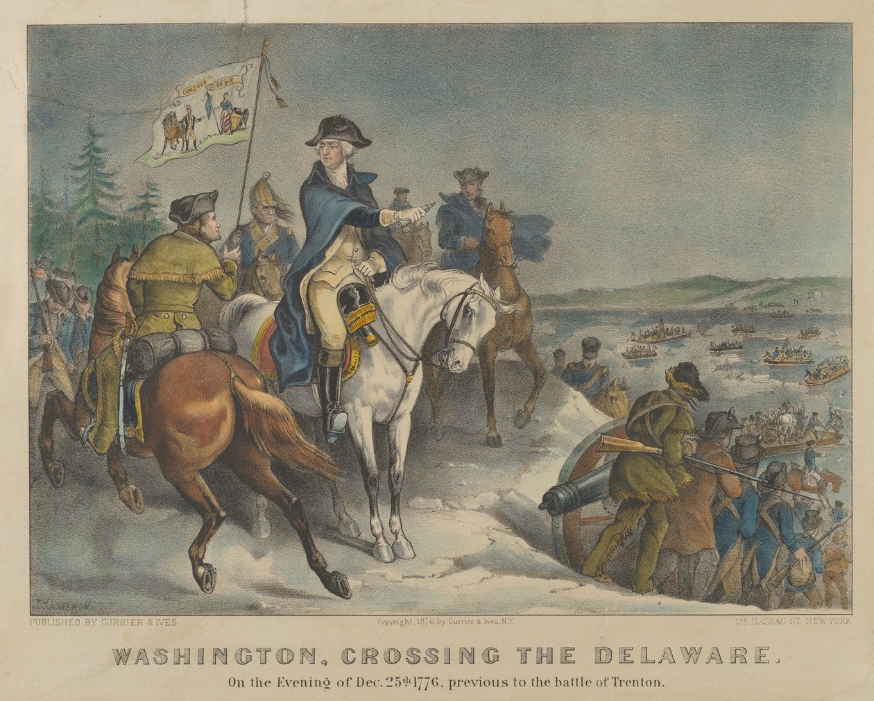 Washington steekt de Delaware over op de avond van 25 december 1776, voorafgaand aan de Slag bij Trenton door Currier and Ives