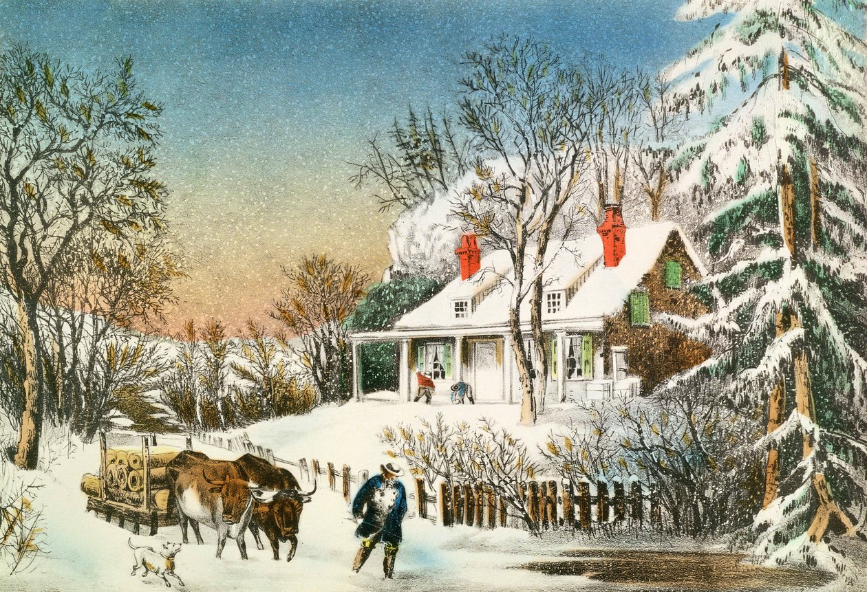 Het Thuisbrengen van de Boomstammen, Winterlandschap, 19e eeuw door N. and Ives, J.M. Currier