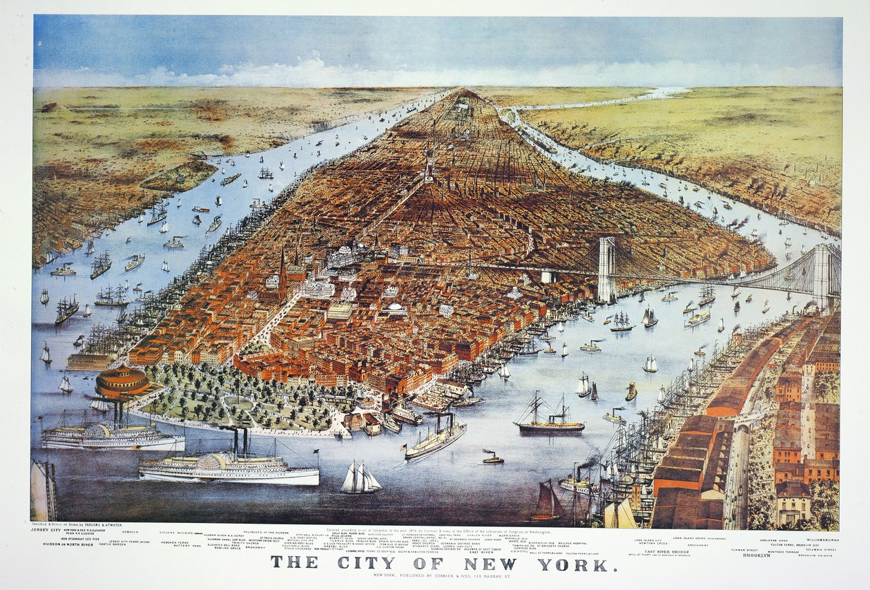 Stad New York, 1876 door N. and Ives, J.M. Currier