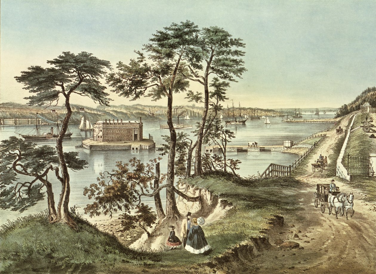 Staten Island en de Narrows vanaf Fort Hamilton door N. and Ives, J.M. Currier
