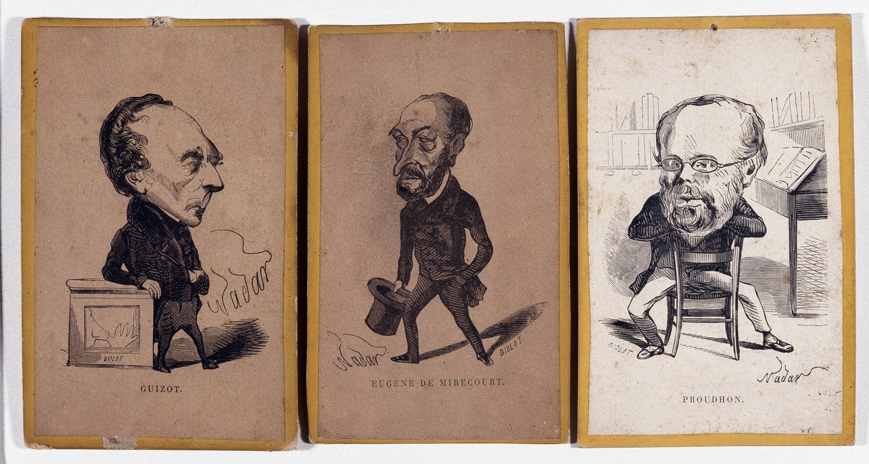 3 Karikatuurportretten: François Pierre Guillaume Guizot (1787-1874), Franse historicus en politicus, Charles Jean-Baptiste (Jean Baptiste) Jacquot alias Eugène de Mirecourt (1812-1880), Franse journalist en schrijver, en Pierre-Joseph Proudhon door Nadar