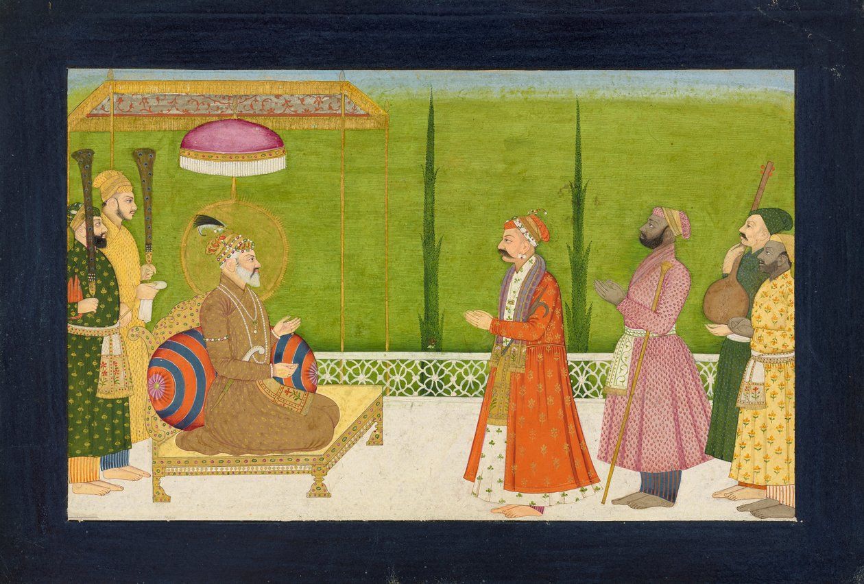 De dichter Sundar Das voor Keizer Shah Jahan, folio van een <em>Sundar Shringar</em> door Nainsukh