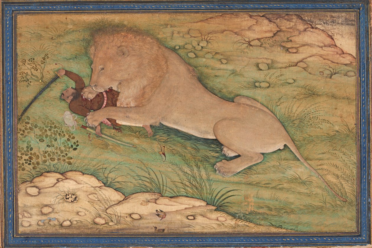 Gevaren van de jacht, een leeuw springt op een jager, ca. 1615 door Nanha