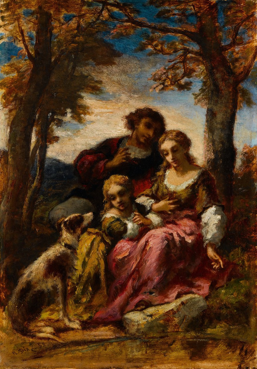 Figuren en een hond in een landschap door Narcisse Virgile Diaz de la Peña