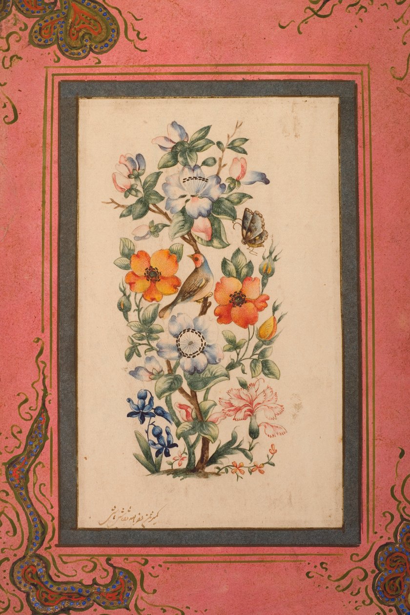 Een stengel bloemen met een vogel en een vlinder door Nasr Allah al Husayni al Imami