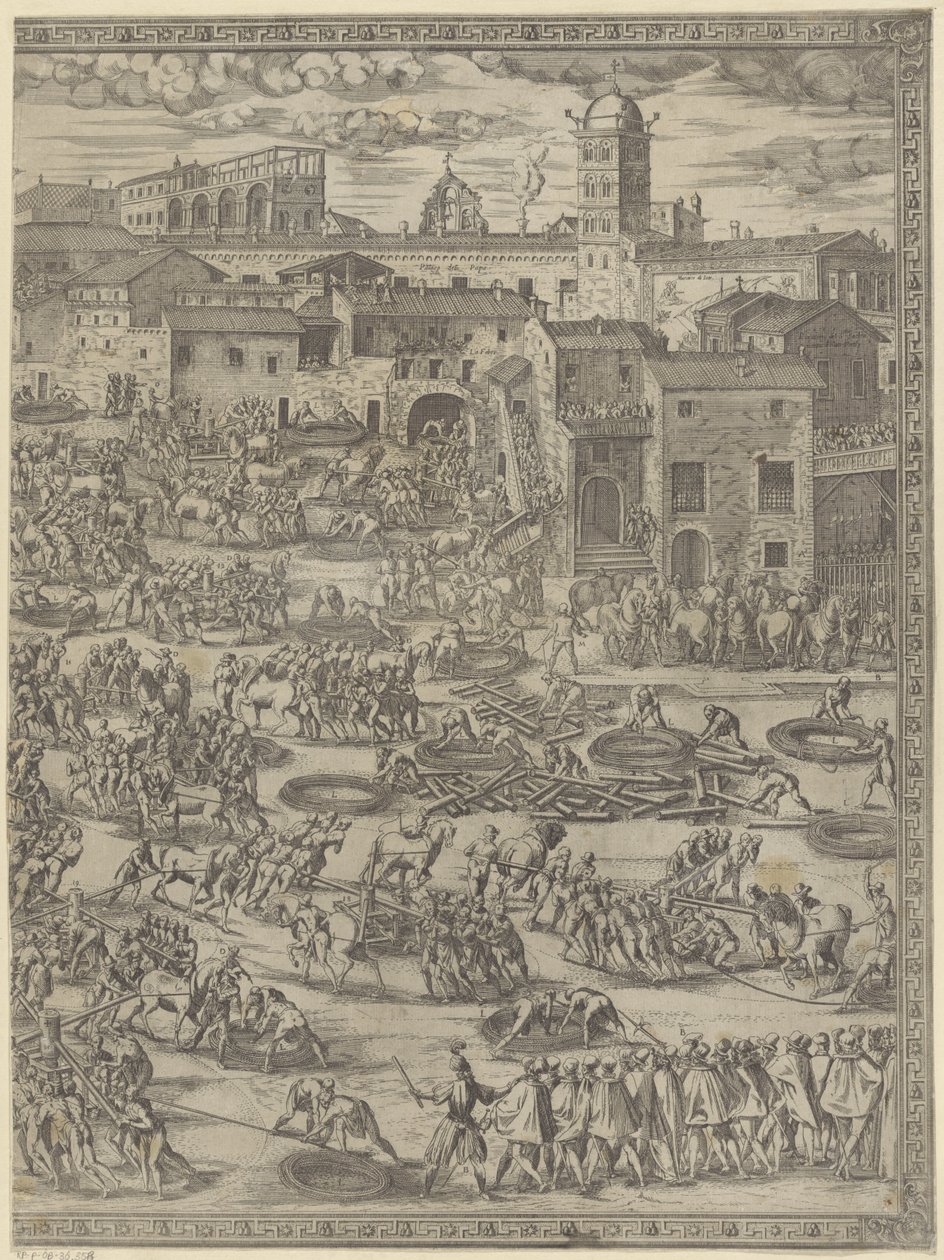 Het oprichten van de obelisk op het Sint Pieterplein door Natale Bonifazio da Sebenico