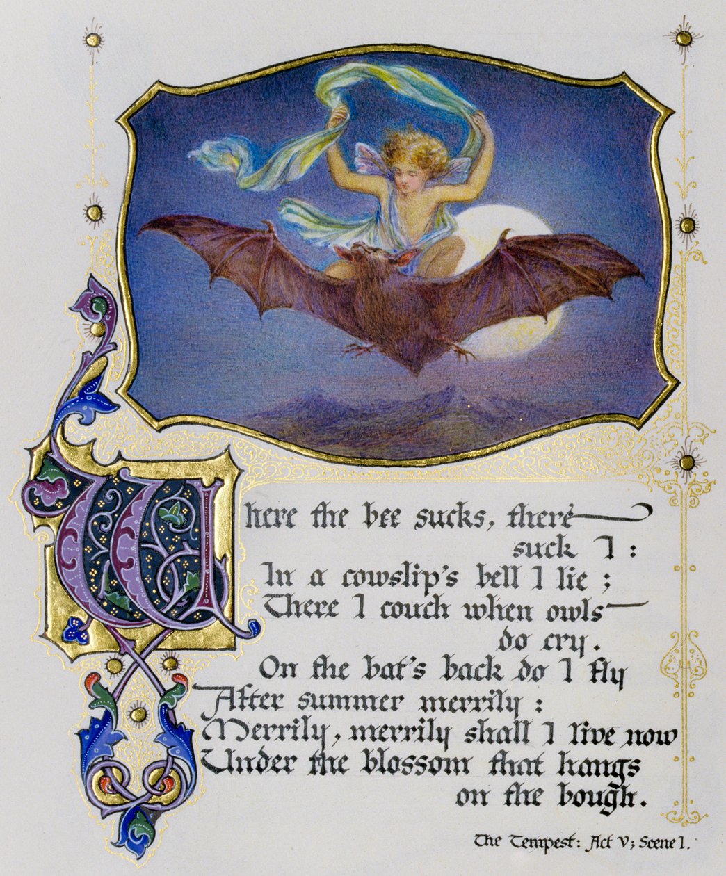 Verluchte pagina uit een boek van Shakespeare sonnetten toont een scène uit The Tempest door Nathan Benn