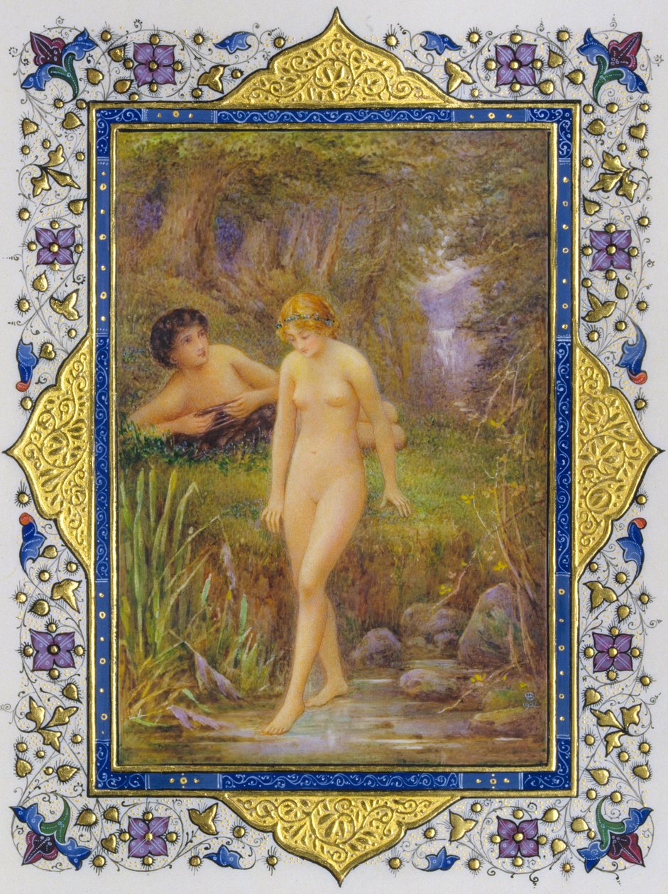 Verlichte pagina uit een boek van Shakespeare sonnetten met naakte vrouw in pastorale fantasie door Nathan Benn
