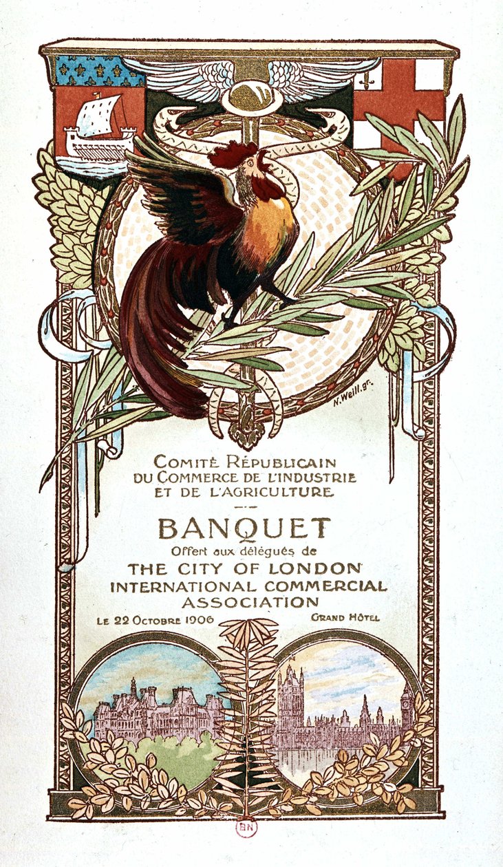 Haan en monumenten, banketmenu van het Republikeinse Comité voor Handel, Industrie en Landbouw aangeboden op 22.11.1906 aan de afgevaardigden van de internationale handelsvereniging van de City of London door Nathan Weill