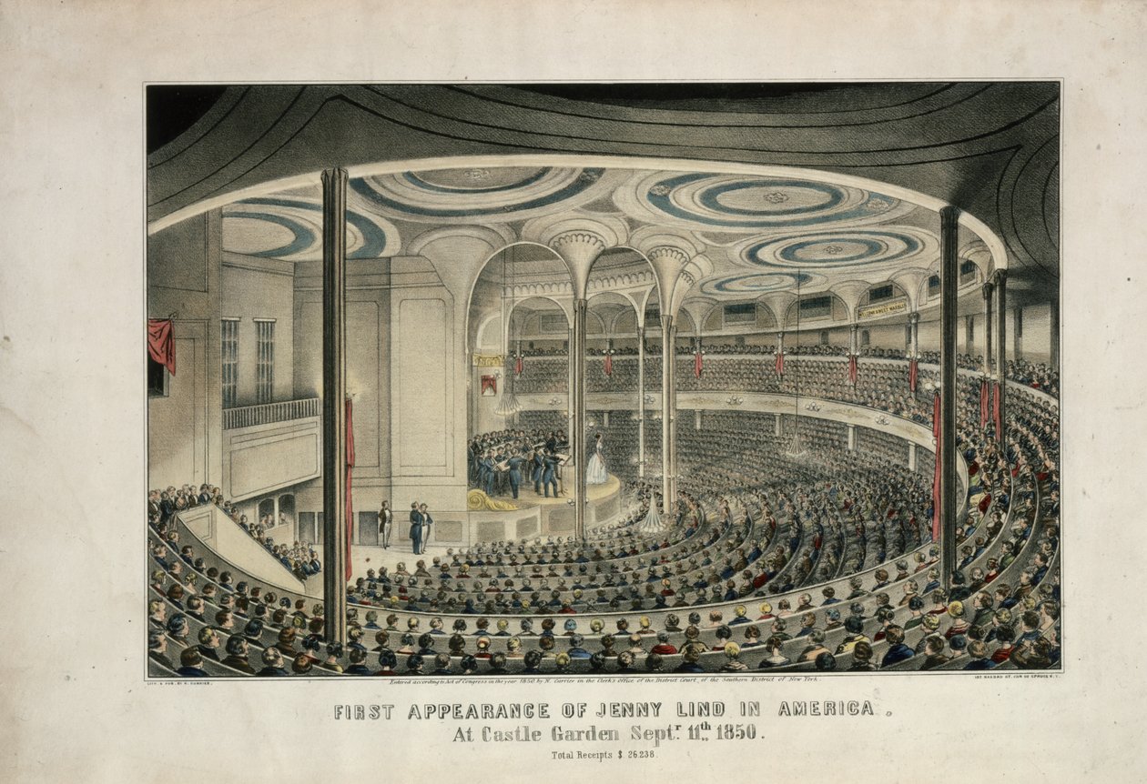 Eerste optreden van Jenny Lind in Amerika in Castle Garden, 11 september 1850 door Nathaniel Currier