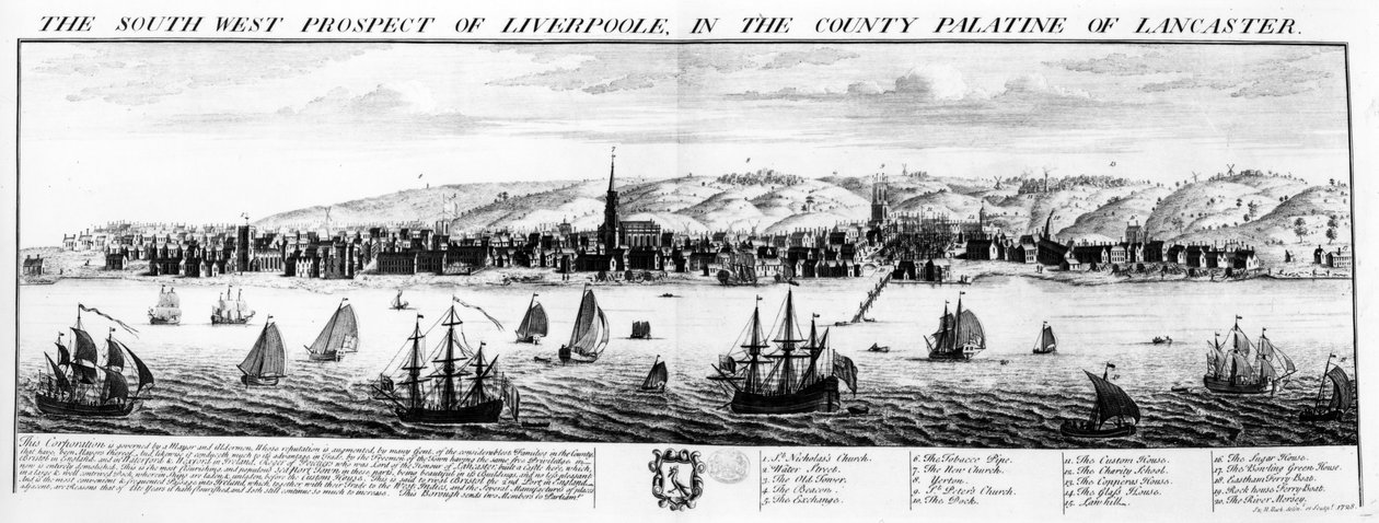 Het Zuidwestelijke Uitzicht van Liverpool, in het Graafschap Palatijn van Lancaster, 1728 door Nathaniel and Samuel Buck