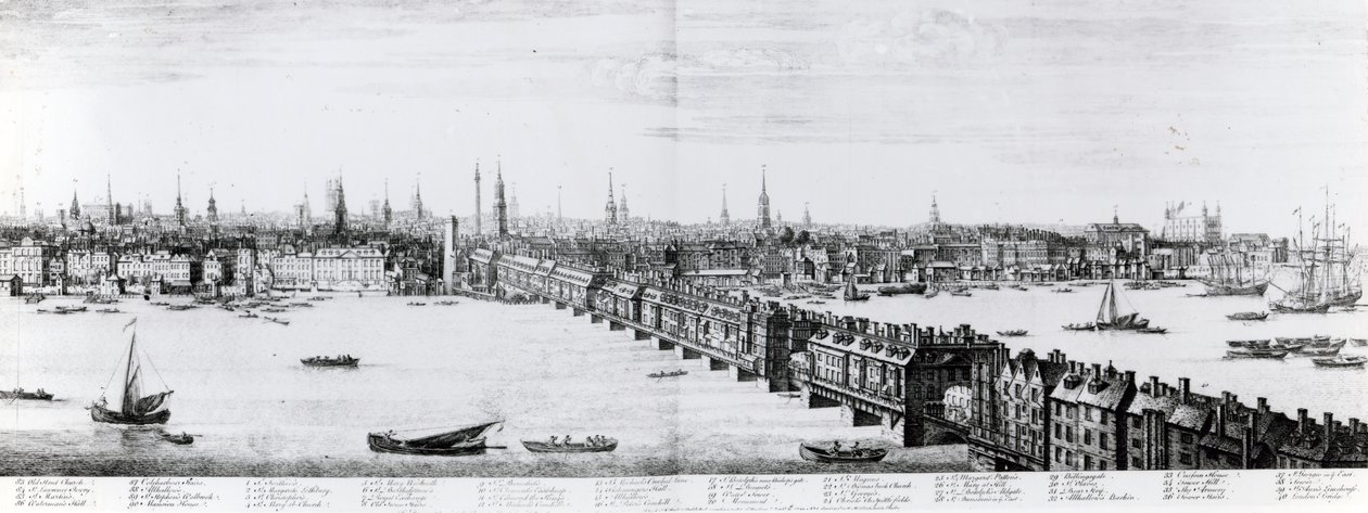 Westelijke Voorkant van de London Bridge, 1749 door Nathaniel and Samuel Buck