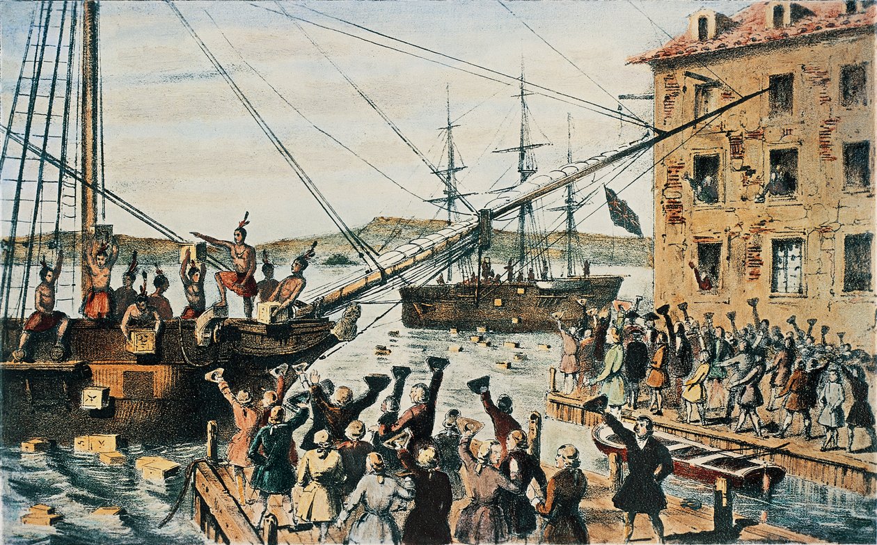 Boston Tea Party, Engelse theekisten overboord gegooid in de haven van Boston door kolonisten, 16 december door Nathaniel (after) Currier