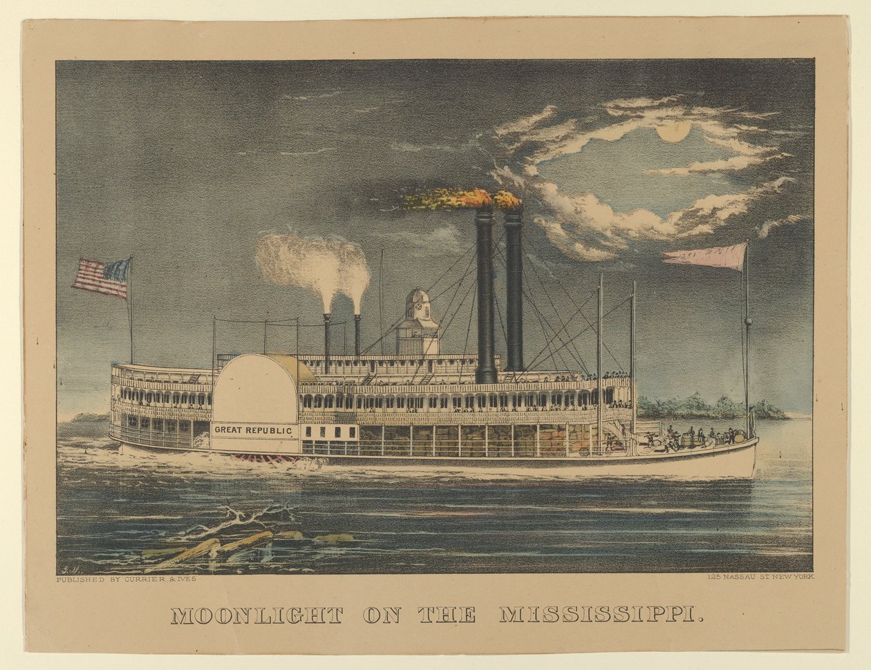 Maanlicht op de Mississippi, 1872-74 door Currier and Ives