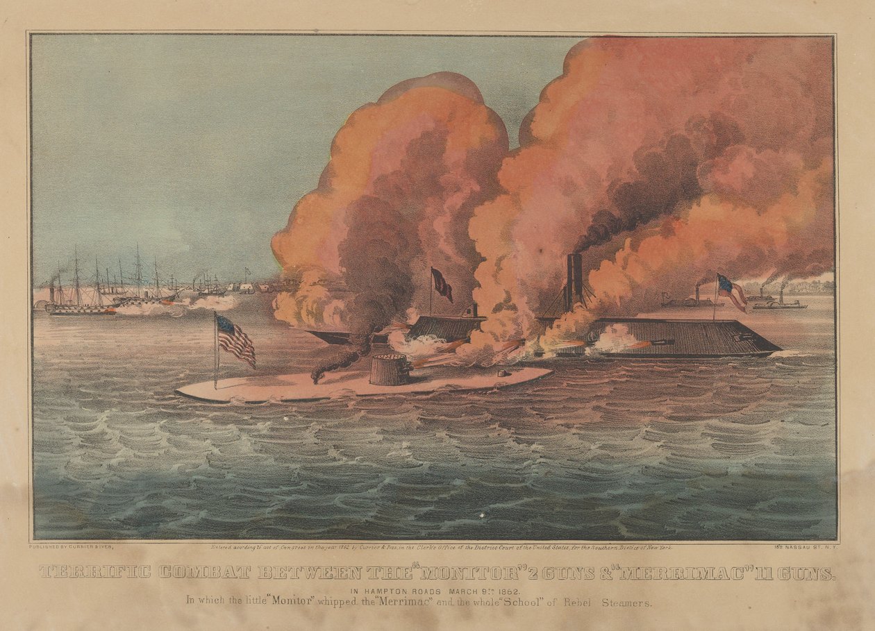 Verschrikkelijk Gevecht Tussen de Monitor 2 Kanonnen & Merrimac 11 Kanonnen - In Hampton Roads Maart door Currier and Ives