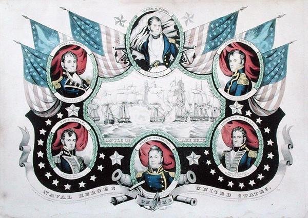 Slag bij Lake Erie met portretten van Amerikaanse marinehelden door Nathaniel Currier