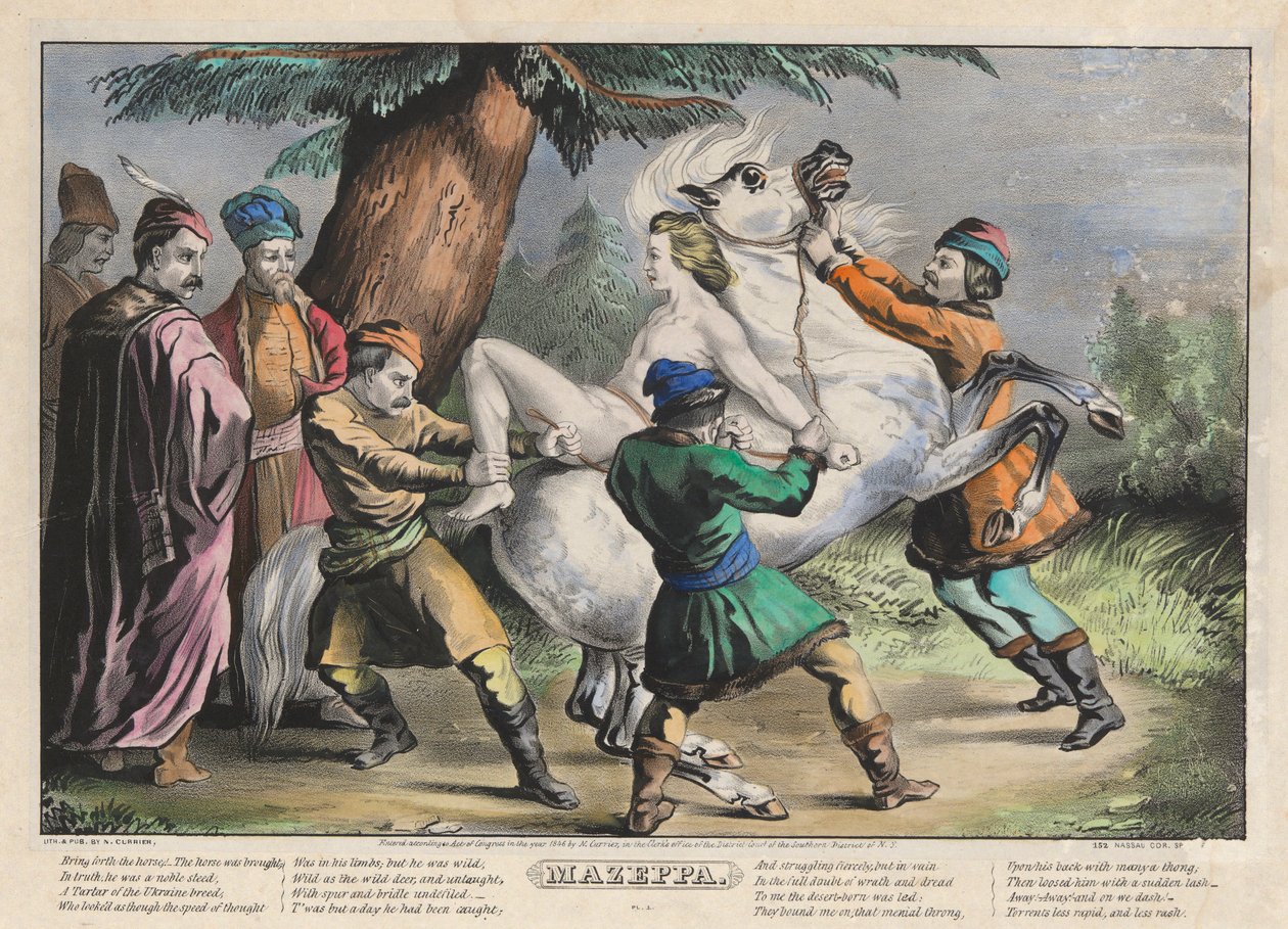 Mazeppa: Plaat 1 van set van vier (4) platen (Gebonden aan een paard) door Nathaniel Currier
