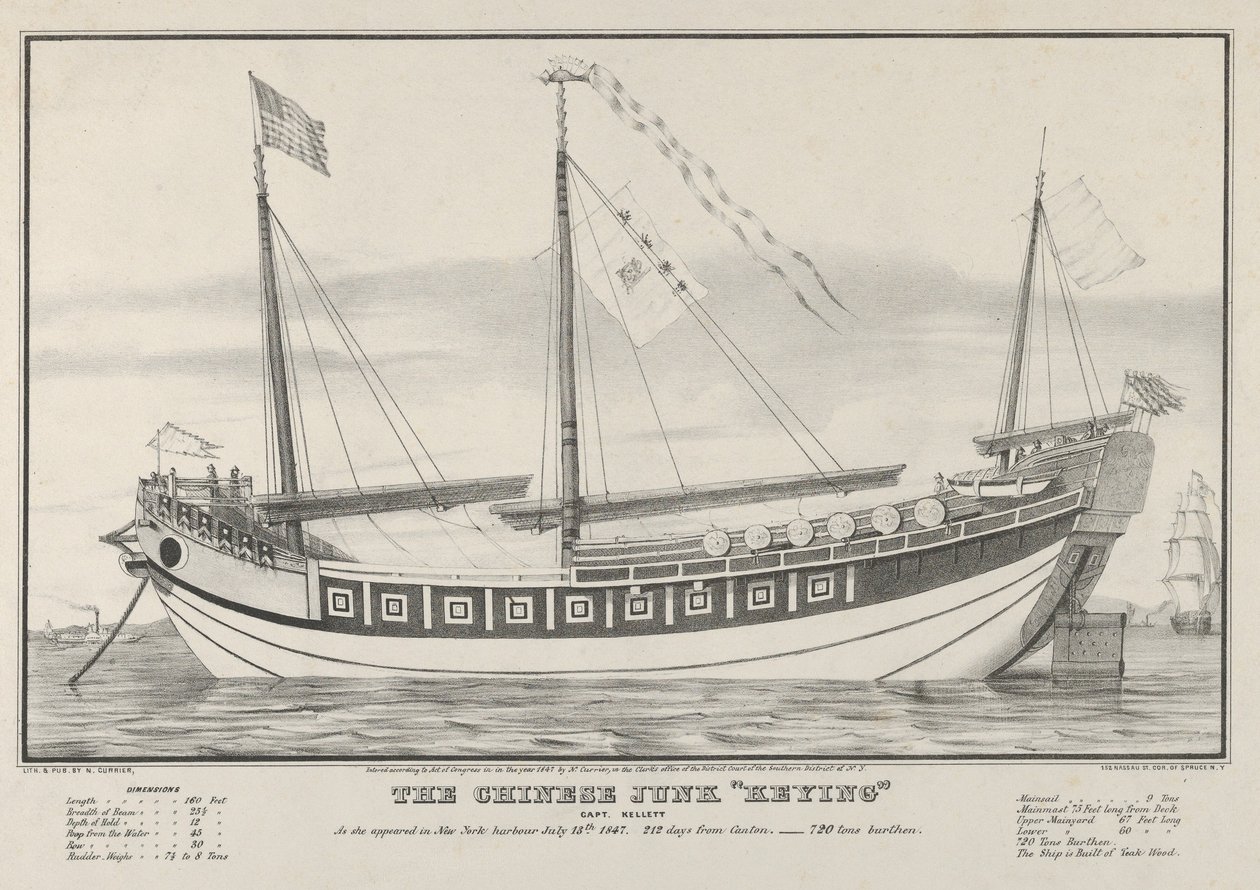 De Chinese jonk Keying-Kapitein Kellett-Zo verscheen ze in de haven van New York, 13 juli 1847 door Nathaniel Currier