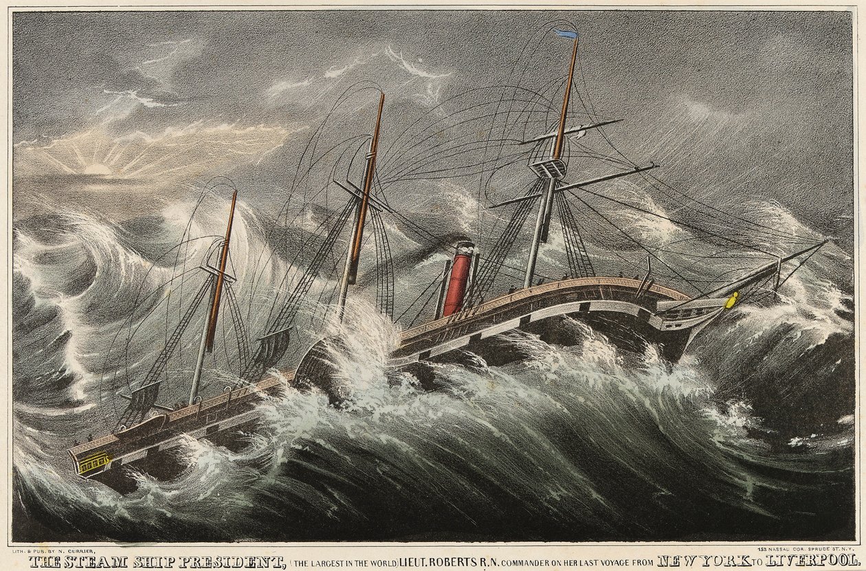 Het stoomschip President, het grootste ter wereld, onder bevel van luitenant Roberts tijdens zijn laatste reis van New York (VS) naar Liverpool (Engeland), in de storm van 12 maart door Nathaniel Currier