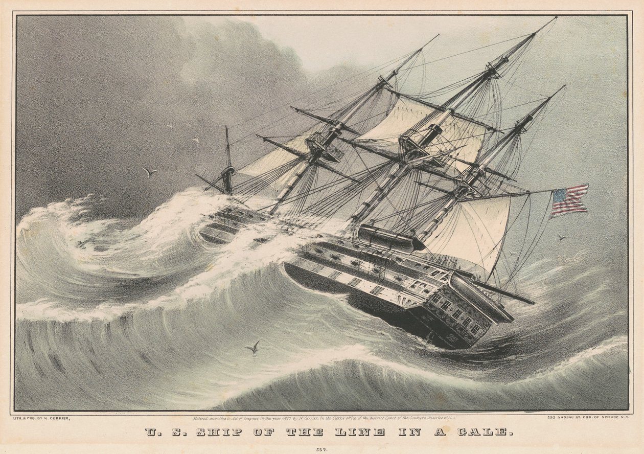 Amerikaans linieschip in een storm door Nathaniel Currier