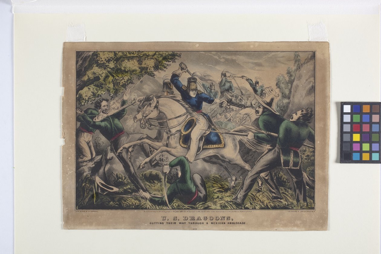 U.S. Dragoons, die hun weg banen door een Mexicaanse hinderlaag door Nathaniel Currier
