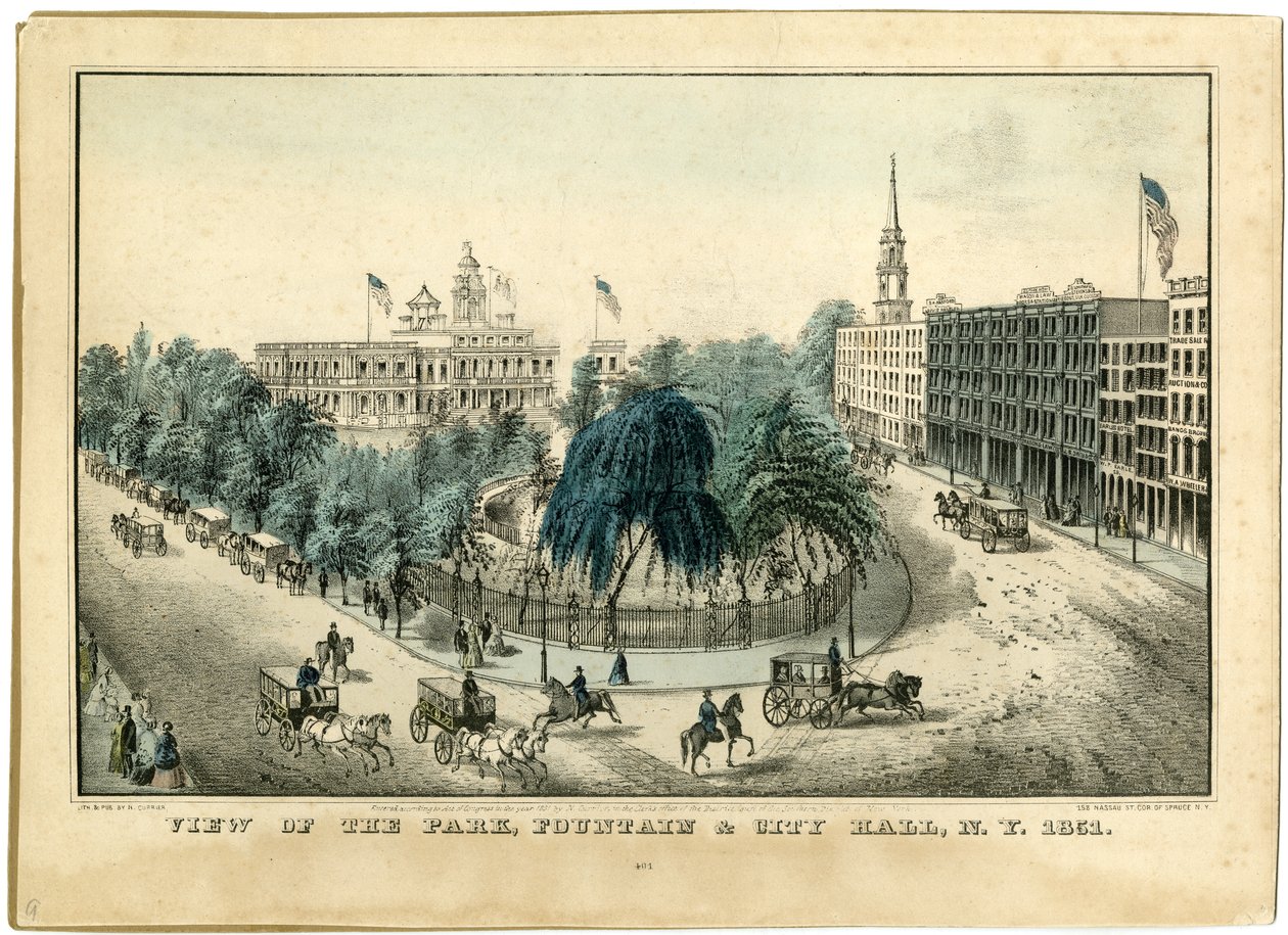 Uitzicht op het park, fontein en stadhuis, N.Y. 1851 door Nathaniel Currier