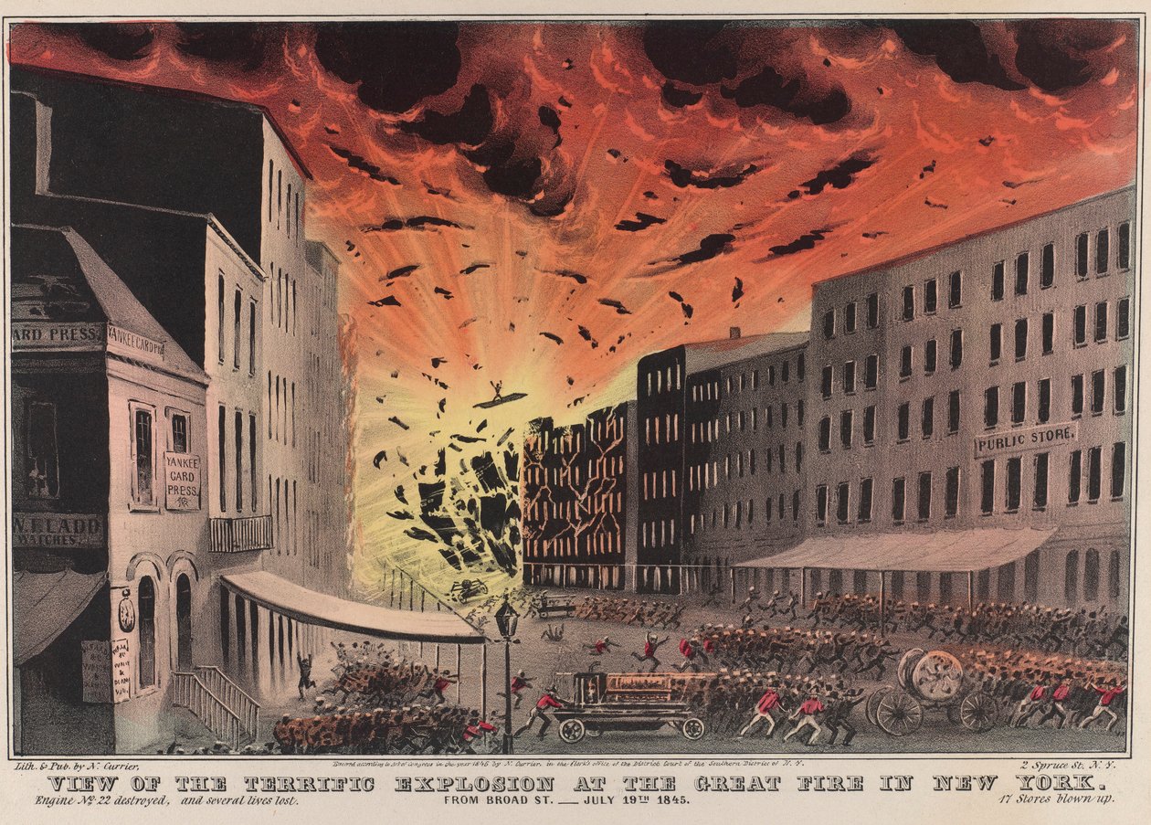 Uitzicht op de geweldige explosie bij de grote brand in New York. Vanaf Broad St. - 19 juli 1845 door Nathaniel Currier