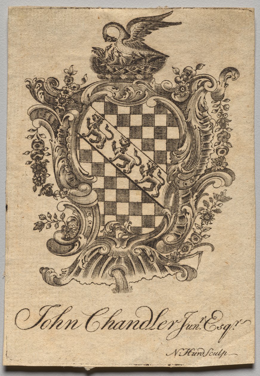 Boekplaat: Wapen met inscriptie John Chandler Jun.r, Esq. door Nathaniel Hurd