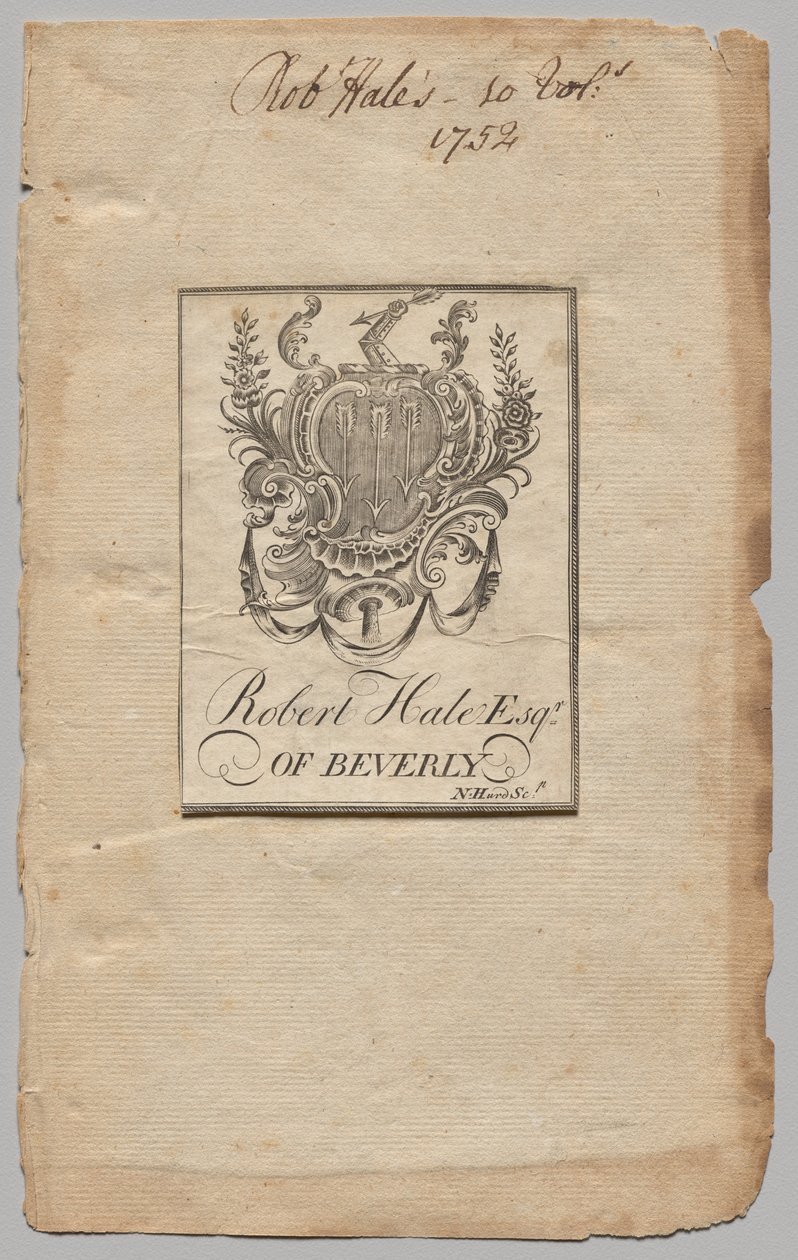 Boekplaat: Wapen met inscriptie van Robert Hale, Esq. door Nathaniel Hurd