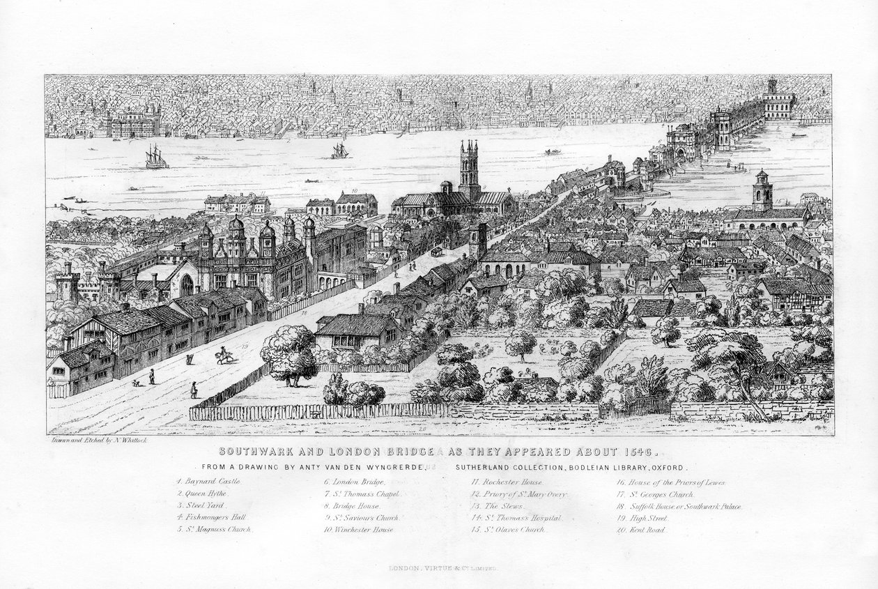 Southwark en London Bridge zoals ze eruitzagen rond 1546 door Nathaniel Whittock