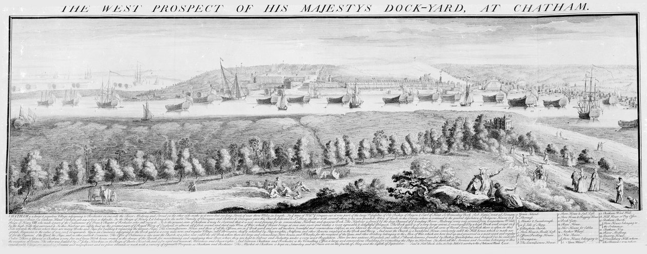 Het westelijke uitzicht van Zijne Majesteits scheepswerf in Chatham, 1738 door Nathaniel and Samuel Buck