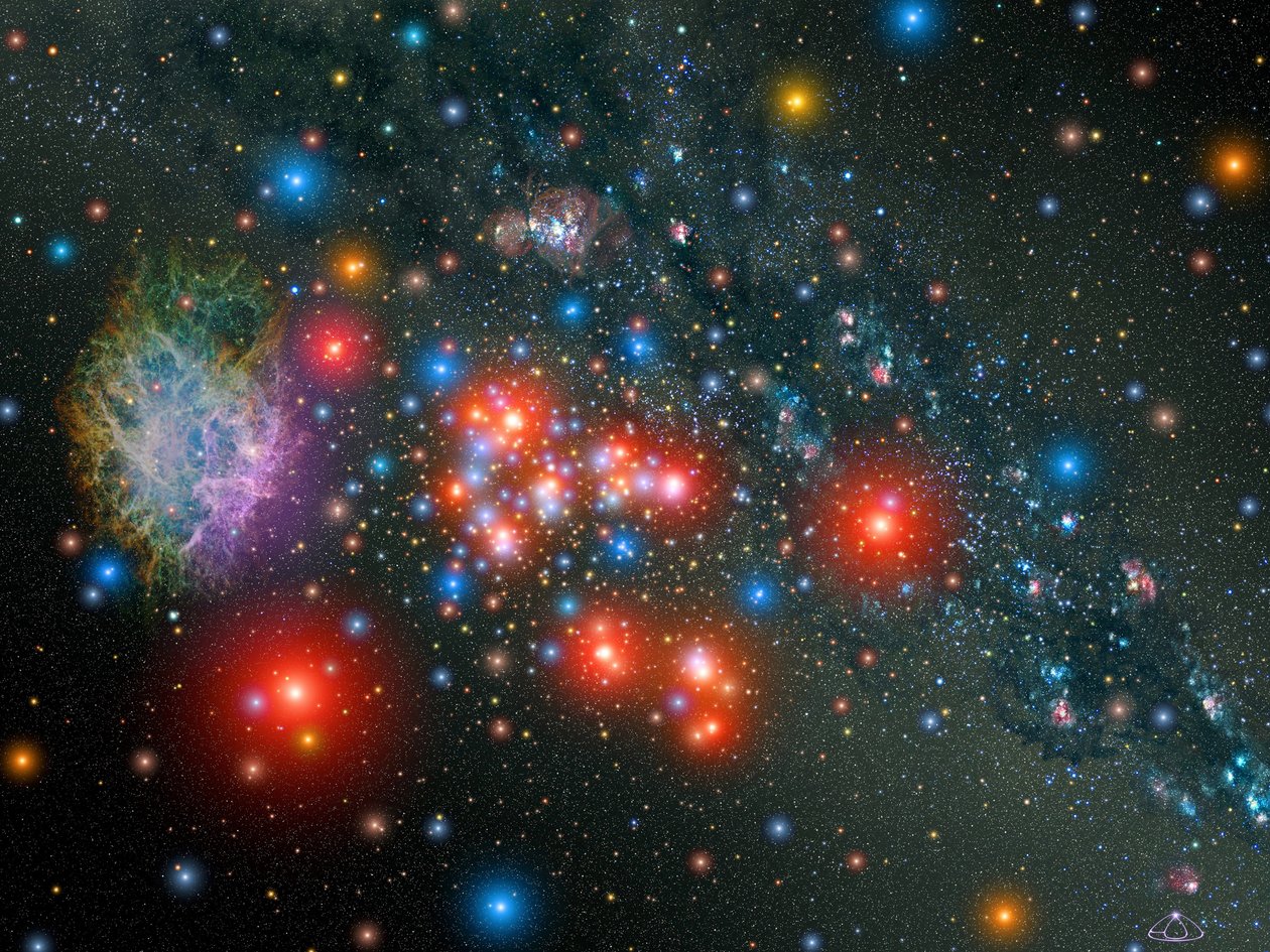 Artiestenimpressie van een massieve sterrencluster binnen onze Melkweg, verlicht door de gloed van 14 zeldzame rode superreus sterren afgewisseld met jonge blauwe sterren. De cluster bevat mogelijk 20.000 sterren. door National Aeronautics and Space Administration National Aeronautics and Space Administration