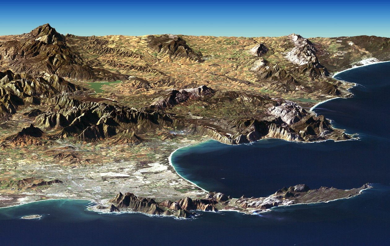 Kaapstad en Kaap de Goede Hoop, Zuid-Afrika, op de voorgrond van een perspectiefbeeld gegenereerd uit Landsat satellietbeeld en hoogtegegevens van de Shuttle Radar Topography Mission (SRTM). door National Aeronautics and Space Administration National Aeronautics and Space Administration