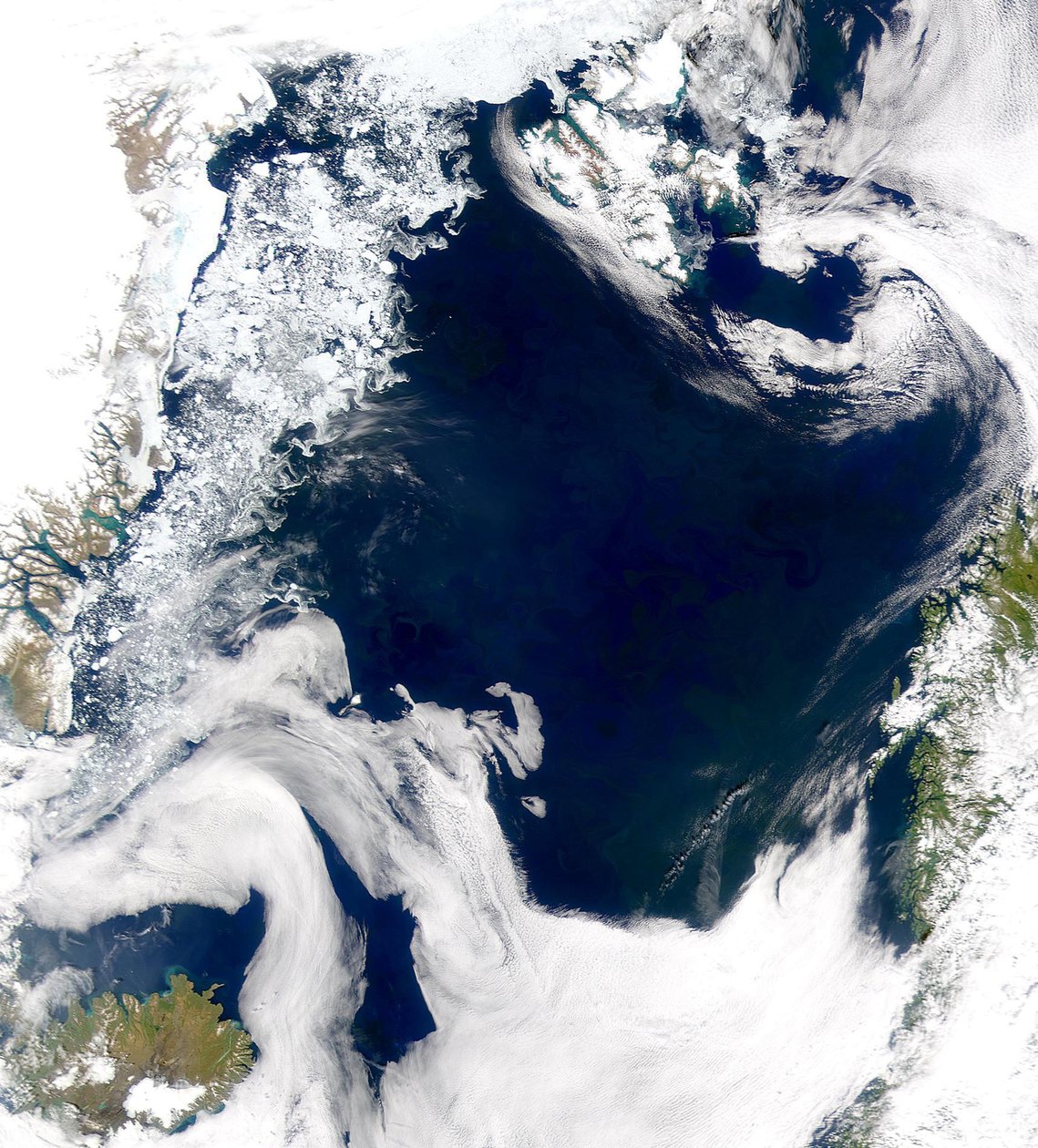De koude, productieve wateren van de Groenlandse Zee en de Noorse Zee worden onthuld in dit SeaWiFS-beeld. door National Aeronautics and Space Administration National Aeronautics and Space Administration