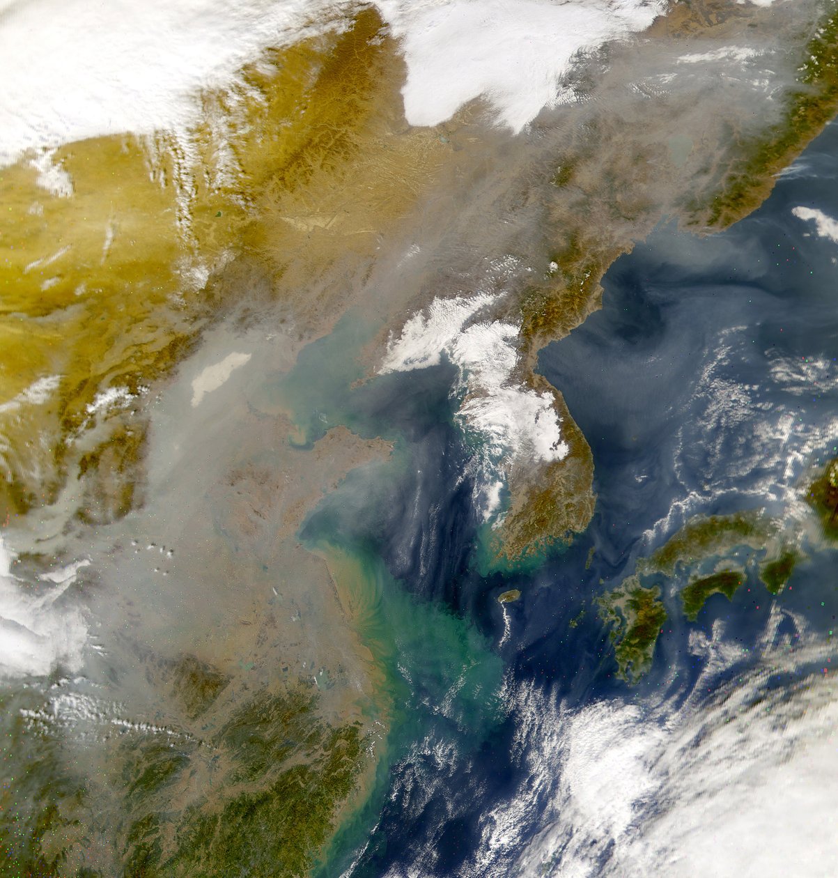 Korea en de Japanse Zee verduisterd door wervelingen van vervuiling in dit beeld genomen door de Sea-viewing Wide Field-of-view Sensor (SeaWiFS) op 23 november 2001. door National Aeronautics and Space Administration National Aeronautics and Space Administration