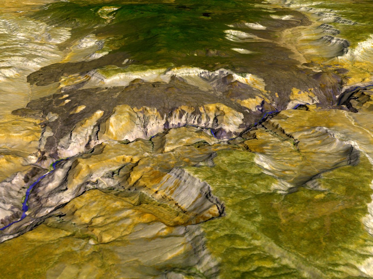 Satelliet thermische emissie en reflectie beeld van de Grand Canyon, Arizona, VS. Omdat verschillende mineralen verschillende delen van het lichtspectrum reflecteren, is de variërende mineraalsamenstelling zichtbaar. door National Aeronautics and Space Administration National Aeronautics and Space Administration