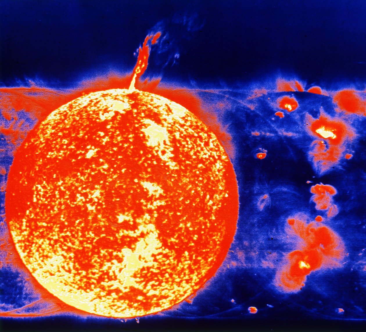 Zonnevlekken en prominences in 1973. Beeld van Skylabs zonnetelescoop. door National Aeronautics and Space Administration National Aeronautics and Space Administration
