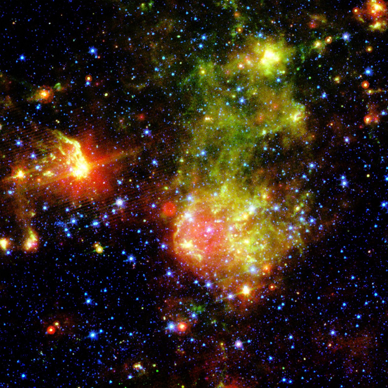 Supernova restant 1E0102.2-7219 naast Nevel N76 in een heldere, stervormende regio van de Kleine Magelhaense Wolk, gelegen ongeveer 200.000 lichtjaar van de Aarde. door National Aeronautics and Space Administration National Aeronautics and Space Administration