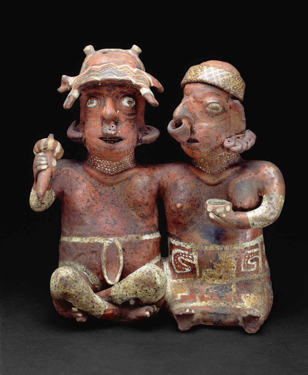 Zittend verbonden paar, 200 v.Chr.-300 n.Chr. (keramiek en pigment) door Nayarit Nayarit