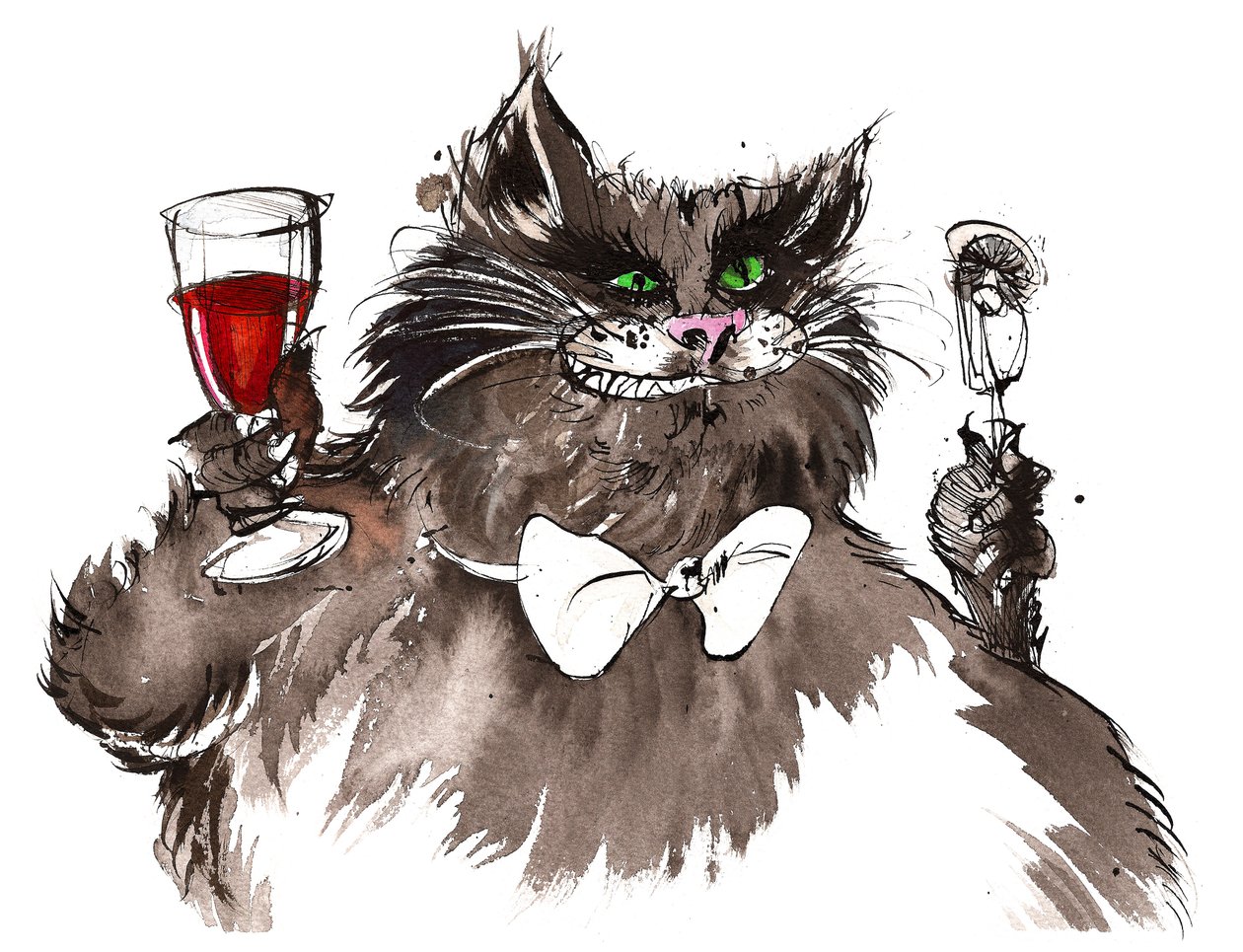 Behemoth personage uit De Meester en Margarita door Mikhail Boelgakov (Russische toneelschrijver en auteur, 1891-1940); pentekening door Neale Osborne