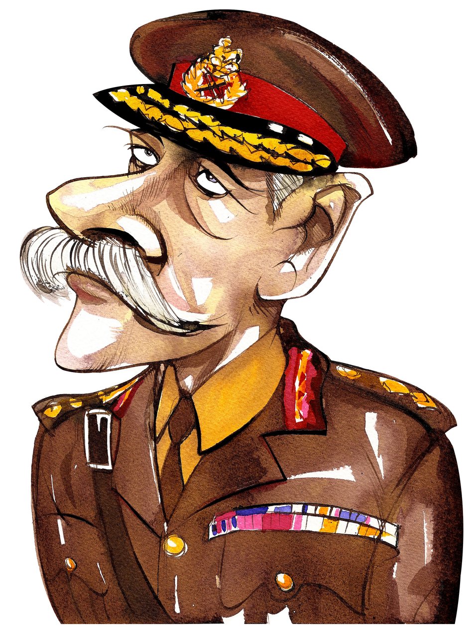 Britse veldmaarschalk, Eerste Graaf Haig van Bernersyde (1861-1928); kleurenkarikatuur in legeruniform door Neale Osborne