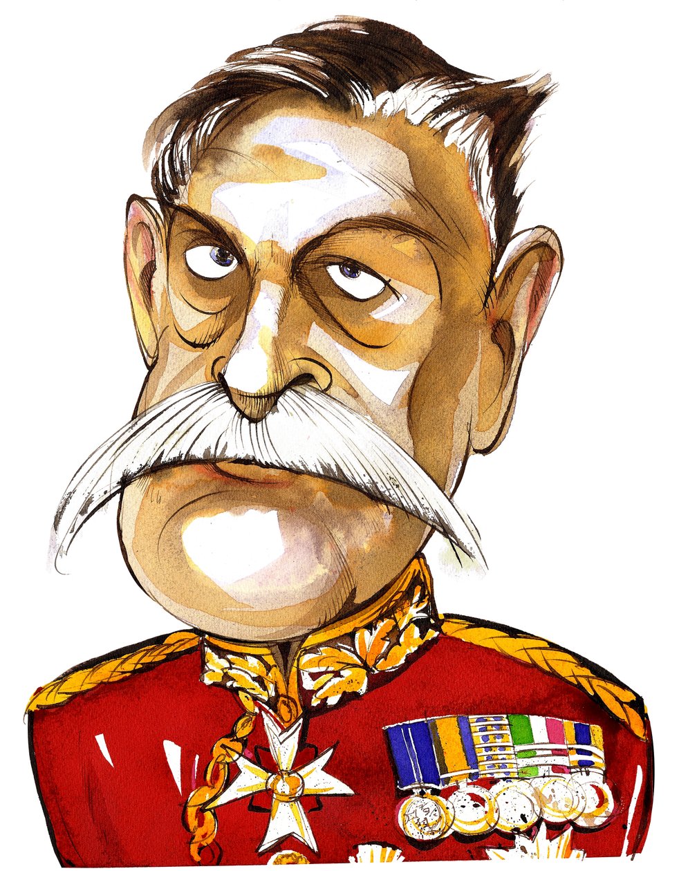 Britse veldmaarschalk, Eerste Graaf Haig van Bernersyde (1861-1928); kleurenkarikatuur in uniform door Neale Osborne