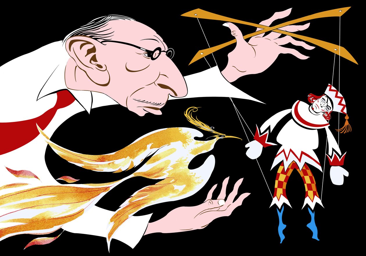 Igor Stravinsky - karikatuur van de Rus met een vuurvogel en Petrushka uit zijn ballet De Vuurvogel 17 juni 1882 - 6 april 1971 door Neale Osborne